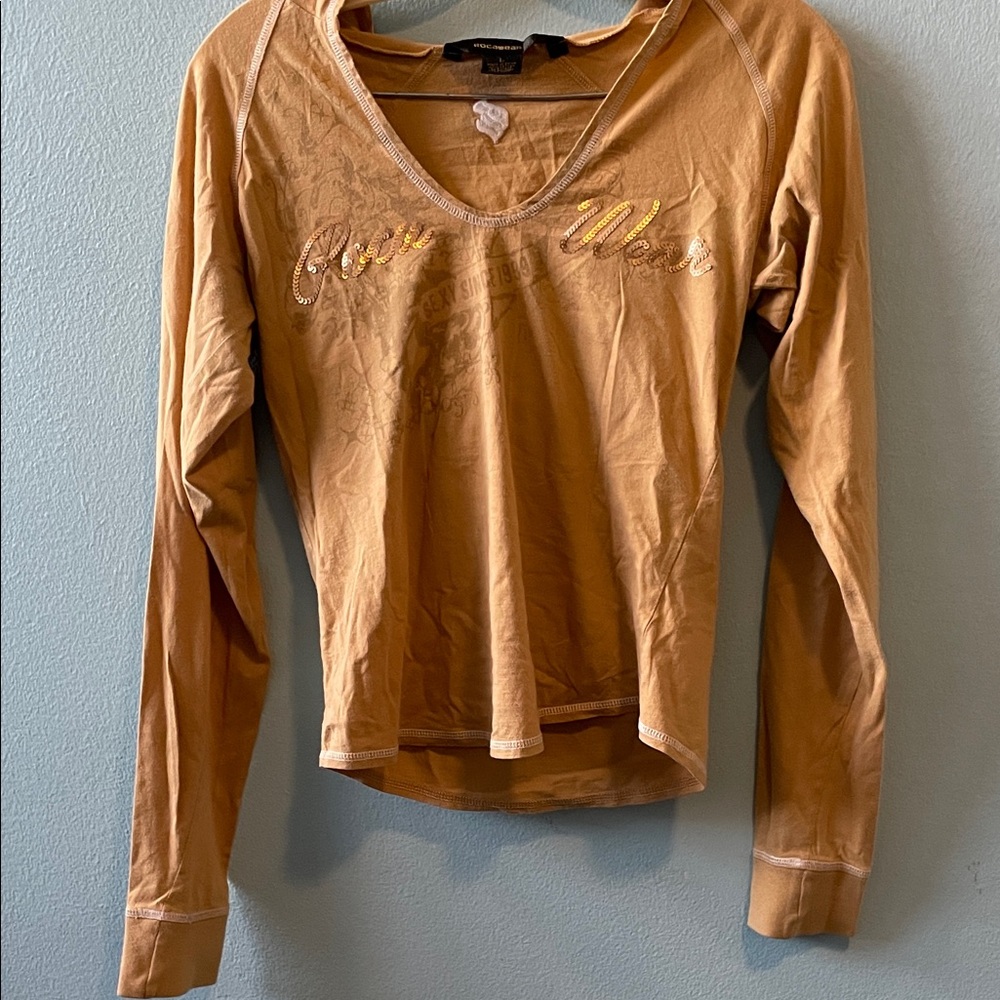 Rocawear Camel Long Sleeve V-Neck Top with Script Embellishment